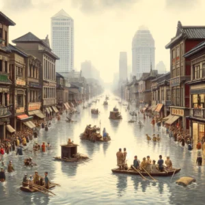 A city street flooded with water up to the rooftops of buildings, with people in boats trying to navigate through the streets, depicting the 1931 China