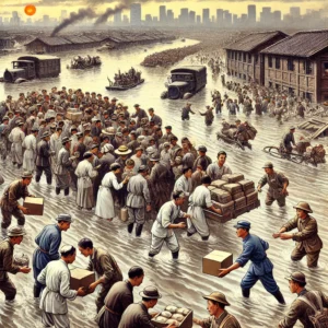 Relief efforts with aid workers distributing food and medical supplies to flood victims, depicting the aftermath of the 1931 China floods